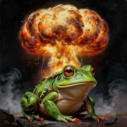 a photorealistic highly detailed painting of a y 2 k 1 9 8 0's frog nuclear bomb explosion mushroom cloud by johfra bosschart, lisa frank, kinkade, visionary art, dark fantasy art, high detail, trending on artstation