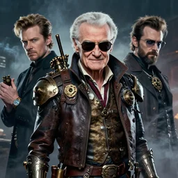 portrait of steampunk stan lee, greg rutkowski, artgerm, cinematic, smoke, gears, artstation, fantasy