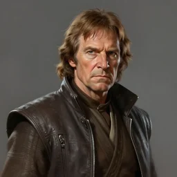 portrait of a man by Greg Rutkowski, an old jedi master, brown quiff hair, straight jaw, badass, wearing a flying jacket, he has about 70 years old, Star Wars Expanded Universe, highly detailed portrait, digital painting, artstation, concept art, smooth, sharp foccus ilustration, Artstation HQ