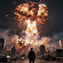 scifi action movie still of someone witnessing destruction of the city, nuclear bomb blast, ultrawide shot, 4 k digital camera