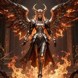 complex 3 d render hyper detailed ultra sharp of a beautiful ornate valkyrie princess angel of death gorgeous, d & d, medieval dark fantasy, battle armor, fiery aura, dynamic, intricate, octane render, 8 k, hd, rim light, symmetrical, art by takeshi obata & satoshi kon & artgerm & billelis & wlop