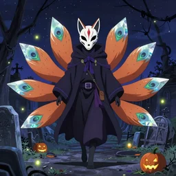 an anime about an undead biohazard necromancy wraith like wizard with a painted skeletal fox shaped plague doctor mask face, 9 massive fox crystal peacock tails, walking through a calming graveyard under starry skies, spooky, halloween decorations, fireflies, wonder, anime, furry, peaceful, street view, vhs, art by yuji ikehata, trending on art station