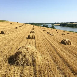 field of hay, slopes down away from viewpoint towards a river