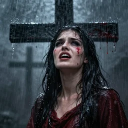 shadow of the cross, impudent facial expression of shameless woman,  atmosphere of bloody rain, trending on artstation, highly detailed, digital painting, volumetric light, concept art, sharp focus, illustration