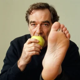 jean paul sartre eating an apple using only his feet, no hands, only feet