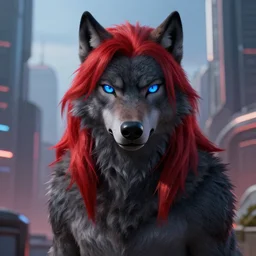 portrait of male anthropomorphic dark gray wolf, long red hair, blue eyes, in a futuristic city, hyper detailed, digital art, trending in artstation, cinematic lighting, studio quality, smooth render, unreal engine 5 rendered, octane rendered, art style by pixar dreamworks warner bros disney riot games and overwatch.