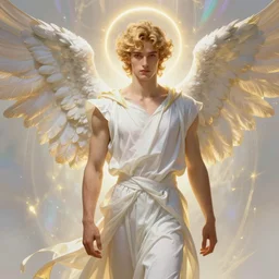 full figure beautiful young fit male angel with curly blond hairs, dressed with fluent clothes, majestic wings, luminous halo, by greg rutkowski and alfons mucha, d & d character, gradient white to gold, in front of an iridescent background, highly detailed portrait, digital painting, artstation, concept art, smooth, sharp focus illustration, artstation hq