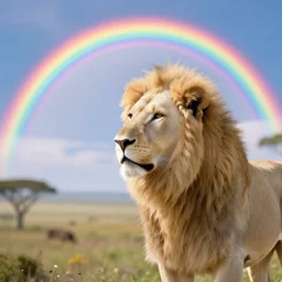 coherent 8 k photorealistic close up shot of a albino lion overlooking a heavenly blissful landscape with a large luminous rainbow overarching the landscape behind the lion in the sun showery sky