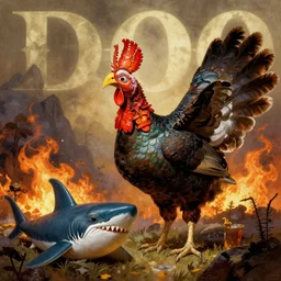 🦃🐒🦞🦈🧟🔥🏞️, Greg Rutkowski, digital art, Michael Whelan, cinematic, Frank Frazetta, Dio album art