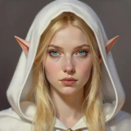 a head - on detailed oil portrait of a distinguished elf woman wearing a white hood, long blonde hairs and bright irises, by greg rutkowski, trending on artstation, dungeon and dragons art
