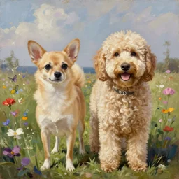 blond chiweenie and blond goldendoodle, field of flowers, oil painting, Tooth Wu, Greg Rutkowski, RPG portrait, dynamic lighting, fantasy art, High contrast, depth of field