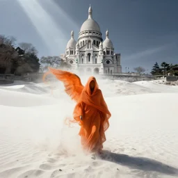 one lone singular swirling otherworldly angelic figure shrouded in orange robes emerges from extensive barren white dunescape, matte painting by peter mohrbacher and filip hodas, background basilica! sacre coeur, godrays, high contrast, highly detailed, a