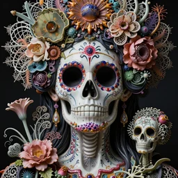 detailed realistic beautiful porcelain calaveras portrait by jean delville, gustave dore, iris van herpen and marco mazzoni, art forms of nature by ernst haeckel, art nouveau, symbolist, visionary, gothic, neo - gothic, pre - raphaelite, fractal lace, intricate alien botanicals, ai biodiversity, surreality, hyperdetailed ultrasharp octane render
