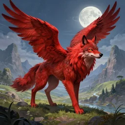Red feathered wolf with wings on a beautiful fantasy landscape, hills, mountains, moonlit, HD, illustration, epic, D&D, fantasy, intricate, elegant, highly detailed, digital painting, artstation, concept art, smooth, sharp focus, illustration, art by artgerm and greg rutkowski and alphonse mucha