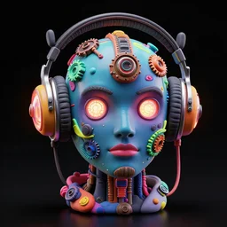 a glossy claymodel of a steampunk robot head with glowing futuristic steampunk headphones, 8 k, symetrical, flourescent colors, halluzinogenic, multicolored, insanely detailed, black background, 3 d render,