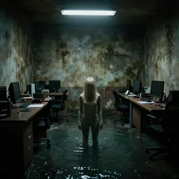 backrooms office space, ominous lighting, moldy walls, samara from the ring wading in shallow water