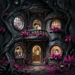 concept art painting of a interior of a cozy alien fantasy cottage, with black vines and magenta houseplants, round windows, realistic, detailed, cel shaded, dark, in the style of makoto shinkai and greg rutkowski and james gurney