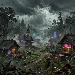a steampunk village in a forest in a hurricane, trees, greenery, low visibility, junk flying everywhere, neon lights, neon signs, magical atmosphere, mist, steam, photo realistic, wideangle, Matte painting, octane render, 8k, corona render, movie concept art by guido borelli da caluso octane render, trending on artstation
