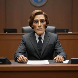 photo still of bonnie animatronic testifying in court sitting behind a desk in the new sci fi movie c 8