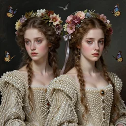 beautiful, young women, sisters, in renaissance times, detailed gorgeous face, sad eyes, vaporwave aesthetic, synthwave long luxurious gown made out of pearls, hair done up with flowers and ribbons, digital art, butterflies, birds, digital painting, artstation, concept art, smooth, sharp focus, high definition, highly detailed illustration, art by artgerm and greg rutkowski and alphon