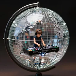 a tiny realistic dj inside a glitter globe with a disco ball. sharp focus, photography, unreal engine, trending on artstation, photorealistic, octane, trending on deviantart, unreal engine