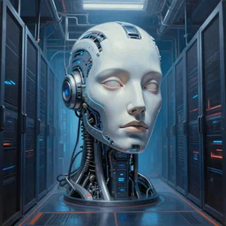 professional painting of monumental conscious supercomputer with huge cybernetic face in endless server room, trending on artstation, cyberpunk, sci - fi, futuristic, by greg rutkowski and maciej kuciara, high quality