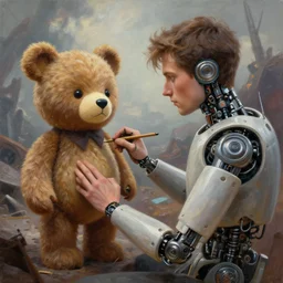 a paint of dan mumford, of a robotic teddy bear painting a picture of a cute bear, in the background an apocalyptic panorama, unreal egine 5, octane render