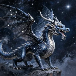 a majestic celestial dragon with ((star-patterned)) wings roaring at the night sky, concept art, digital painting, trending on artstation