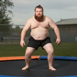 fat guy with big beard on a trampoline