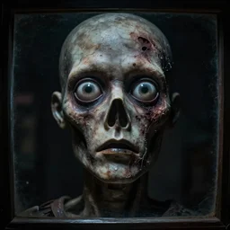 old rotting mannequin staring at center of screen with wide large eyes, horror art, body horror, disturbing, intense, artstation, dramatic, scary, 4K, realistic,