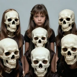 7 0 s film still from a horror movie about kids with skulls for heads, kodachrome, cinecolor, cinestill, film grain, film texture, retro, cinematic, high resolution, photorealism,