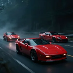 Bladerunner 2049 scene red sports car driving on empty road dark atmospheric volumetric lighting grungy moody dark cinematic Roger Deakins Cinematography futuristic cyberpunk car soul red GTR NSX RX8 C3 Chaser S16 Evo X Z07 R34 ikuo maeda Newton Thomas Sigel bladerunner 2049 screen cap still