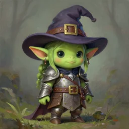 cute tiny goblin girl with green skin wearing hunter armor from Bloodborne and a wizard hat, d&d, painting