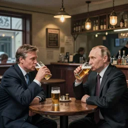 viktor orban and vladimir putin drinking beers in a pub, by edward hopper