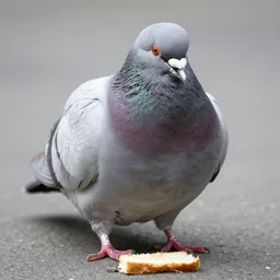 very very very fat pigeon eating bread, fat bird, obese