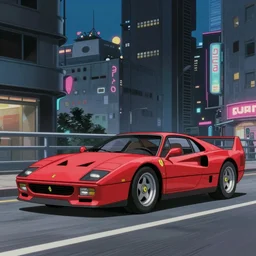 1985, single Ferrari GTO, city in anime cyberpunk style by Hayao Miyazaki