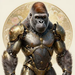 portrait of a gorilla, robot steampunk, floral! horizon zero dawn machine, intricate, elegant, highly detailed, ray tracing, digital painting, artstation, concept art, smooth, sharp focus, illustration, art by artgerm and greg rutkowski and alphonse mucha, 8 k