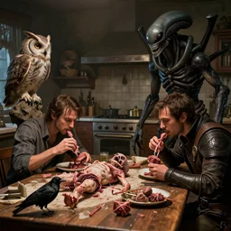 two men eating meat in an old kitchen with a dead alien autopsy happening on the table, owl, crow by hr giger, greg rutkowski, luis royo and wayne barlowe as a diablo, resident evil, dark souls, bloodborne monster : : hyper realistic, ultrarealistic, realism, photoreal, 8 k : :