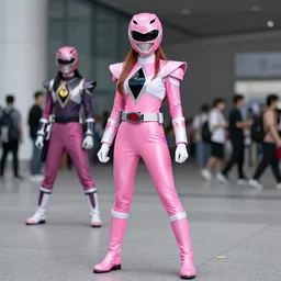 nayeon cosplaying as the pink power ranger, dragoncon, full length, full resolution, 3 5 mm, f / 2. 8, flash photography