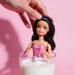 photo of crying barbie soaking wet being held, uspide dow, over a glass of milk with a pink background high detail closeup, phototealistic