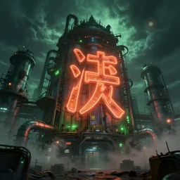 a huge and ominous low angle photography of an industrial cyberpunk factory at cloudy night with green and orange and red light and pipes and cables with a big chinese character neon sign with fog blade runner by wlop and james jean jhonseru jsezz artstation artstation photorealistic concept, lens orbs, global illumination, ominous, volumetric lighting, granular detail, hyperrealist, ground mist swirling vortexes, granular detail, hypermaximalist, micro details, 3 d, blender, vray