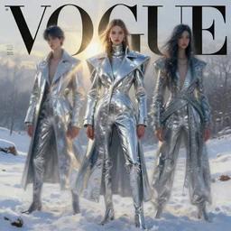 3 d, fashion model, snow, liquid silver, morning, sun rays, vogue cover style, poster art, hyper detail, intricate oil painting, multiple exposure, hell mood, 3 d, by tooth wu and wlop and beeple and greg rutkowski