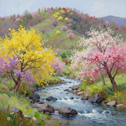 A beautiful landscape oil painting of a hill with trees, the spring has arrived and the trees are blooming and covered with colorful flowers, the flowers are yellow, pink, purple and red, the river is zigzagging and flowing in its way, the river has lots of dark grey rocks, by Greg Rutkowski