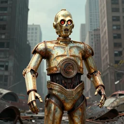 portrait of a rusty old star wars C3PO robot Overgrown New York City, post apocalyptic, abandoned, digital art, 4k, high quality render, unreal engine, trending on artstation, syd mead, Ralph McQuarrie, craig mullins,