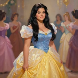 beautiful thirty year old woman with long black hair, tan skin, curvy hourglass figure, round cute face, slightly resembles selena gomez wearing a colorful disney princess gown at her birthday party. beautiful painting by lois van baarle