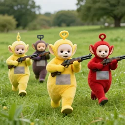army of teletubbies with shotguns in a meadow running, cinematic lighting, extremely detailed
