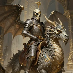 painted illustration of giant dragon ridden by knight wearing an ornamented bone helmet, ancient magic temple hall background, upper body, fantasy intricate elegant extremely detailed digital painting trending artstation concept art sharp focus illustration art by gustave courbet greg rutkowski craig mullins