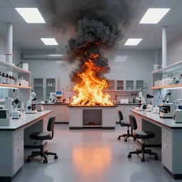a wide interior shot of a laboratory on fire black smoke and fire everywhere help us scary fire on walls and floor flames boom