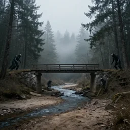 photography of an old bridge over a dried river next to a haunted dark foggy forest with pine trees and mist, where monsters peer out waiting to pounce,