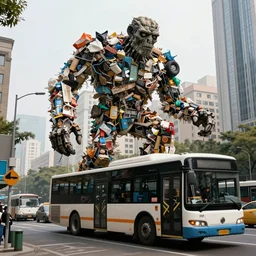 mobile photo of a huge golem made out of garbage stepping over a city bus.